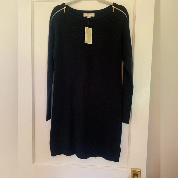 MK Michael Kors Sweater Dress Gold Shoulder Zipper Detail Black - NWT Size M - Picture 1 of 11